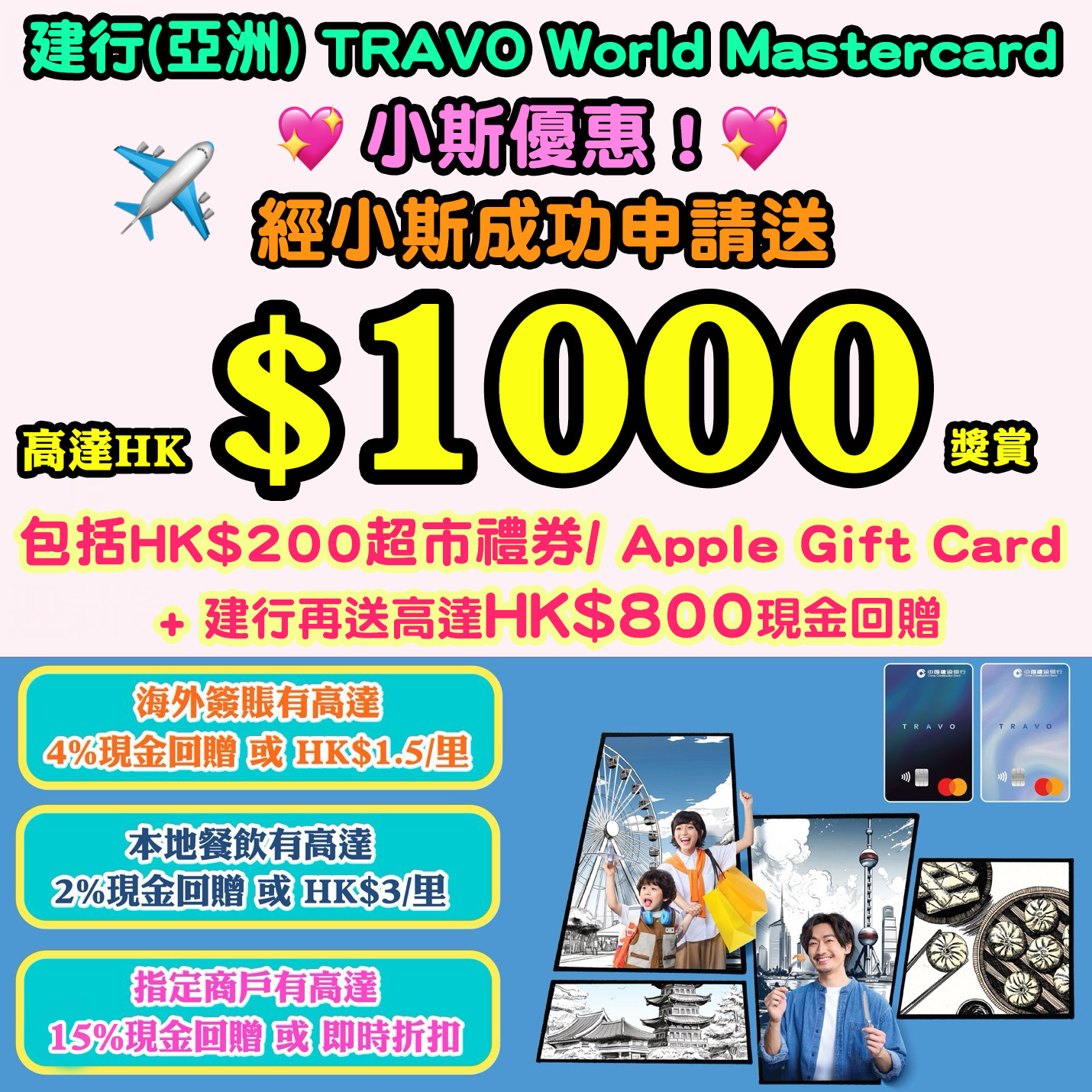 【長假期外遊必備 建行(亞洲) TRAVO World Mastercard小斯優惠】經小斯成功申請,全新客戶無簽賬要求額外送HK$200超市禮券/Apple Gift Card!迎新再送高達HK$800現金回贈!海外簽賬有高達4%現金回贈 或 HK$1.5/里!本地餐飲有高達2%現金回贈 或 HK$3/里! 20260313_travofs