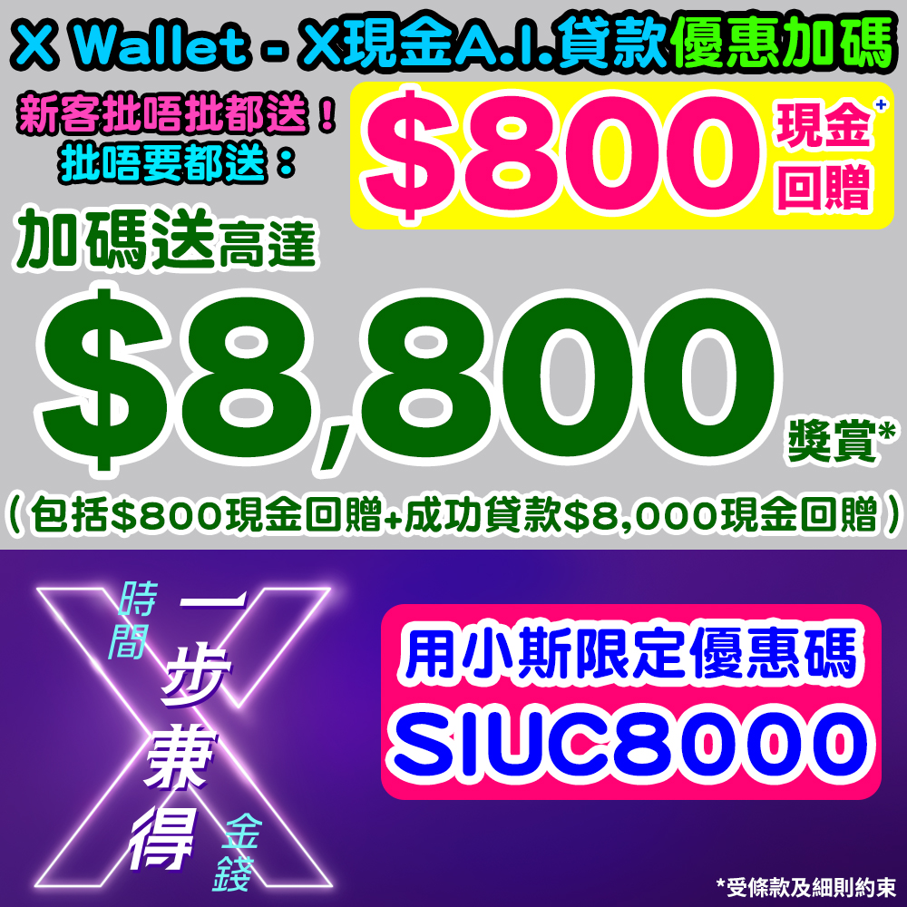 【X Wallet - X現金A.I.貸款優惠加碼】成功貸款送高達HK$8,800!用小斯限定優惠碼「SIUC8000」申請,批唔批都有HK$800現金回贈*!借HK$2萬或以上有HK$2,700現金回贈*!借HK$168,001以上有HK$8,000現金回贈*! 20260427_xwallet_may_2 copy