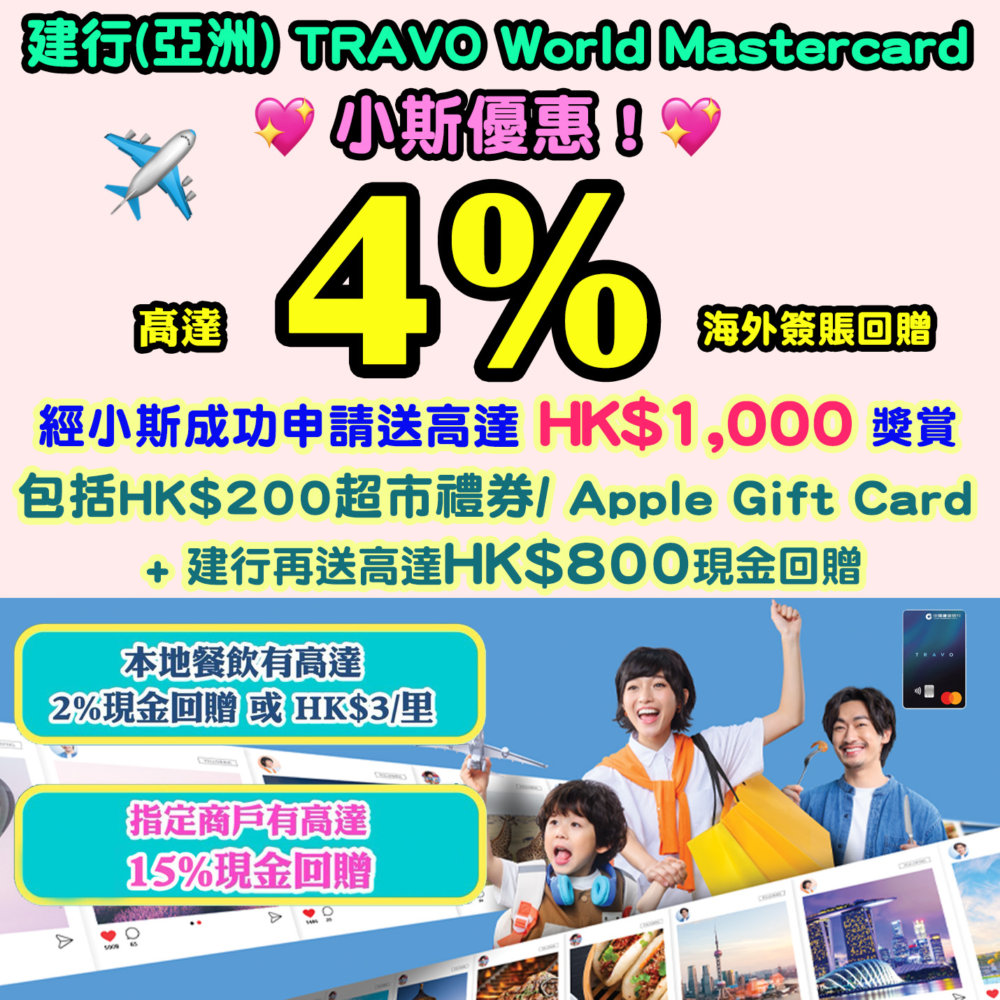【✈️✈️長假期外遊必備❗建行(亞洲) TRAVO World Mastercard小斯優惠】經小斯成功申請,全新客戶²無簽賬要求額外送HK$200超市禮券/Apple Gift Card❗迎新再送高達HK$800現金回贈❗海外簽賬有高達4%現金回贈或HK$1.5/里❗ 20260313_travofs