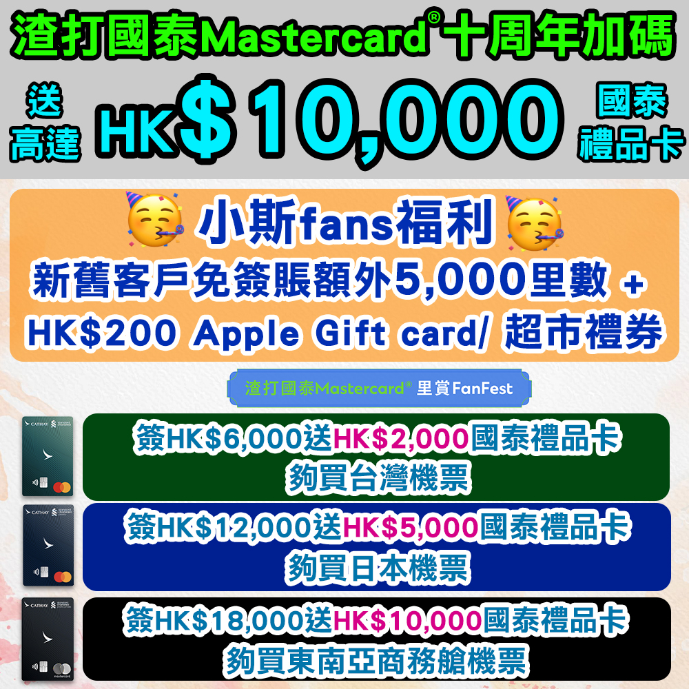 【渣打國泰Mastercard®里賞FanFest強勢回歸】經小斯申請全新信用卡客戶*免簽賬有5,000里數!現有信用卡客戶# 都有5,000里數!小斯獨家再送HK$200 Apple Gift card/ 超市禮券!迎新可揀高達HK$10,000國泰禮品卡或高達120,000里數! 20260910_scb_cx_fanfest_sep copy