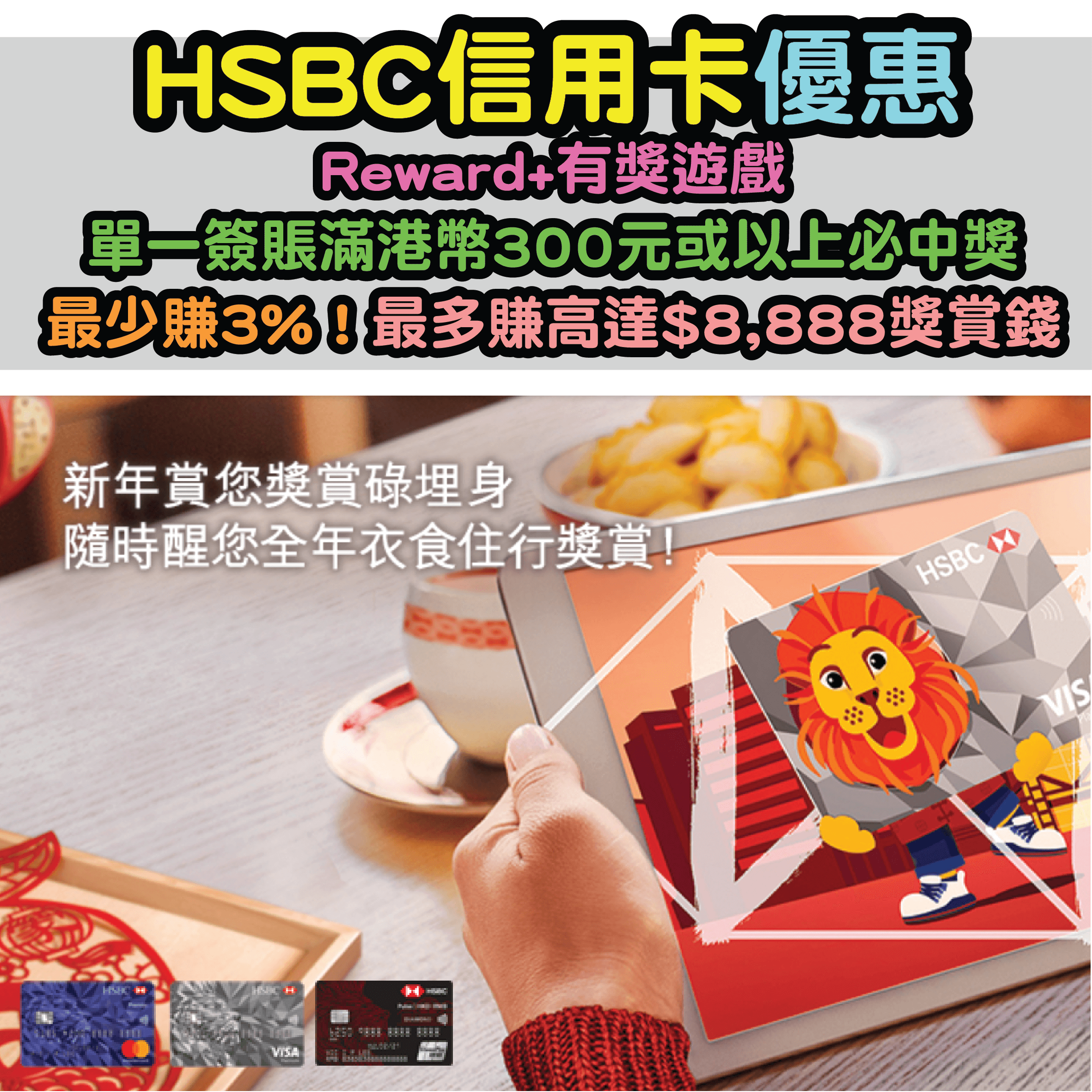 HSBC Reward+有獎遊戲！每次單一簽賬滿港幣300元或以上即可參加必中獎小遊戲，可賺取高達$8,888「獎賞錢」！