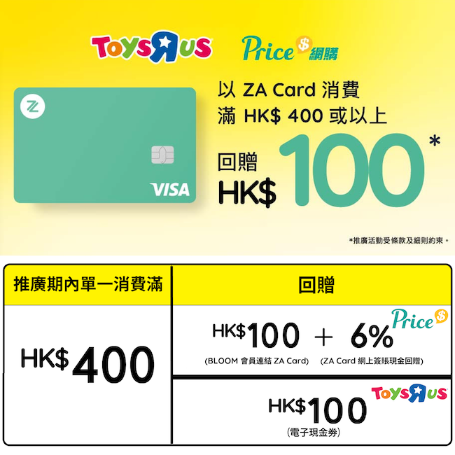 【ZA Bank購物優惠】於Price網購或“反”斗城購物最高 31% 現金回贈！單筆交易買滿 HK$ 400 或以上即可回贈 HK$100！