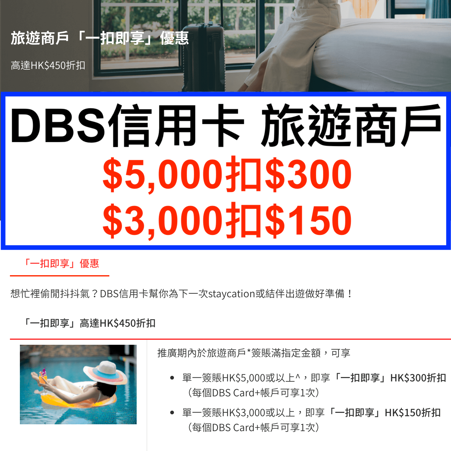 DBS信用卡旅遊商戶一扣即享優惠！$5,000扣$300；$3,000扣$150！高達HK$450折扣！