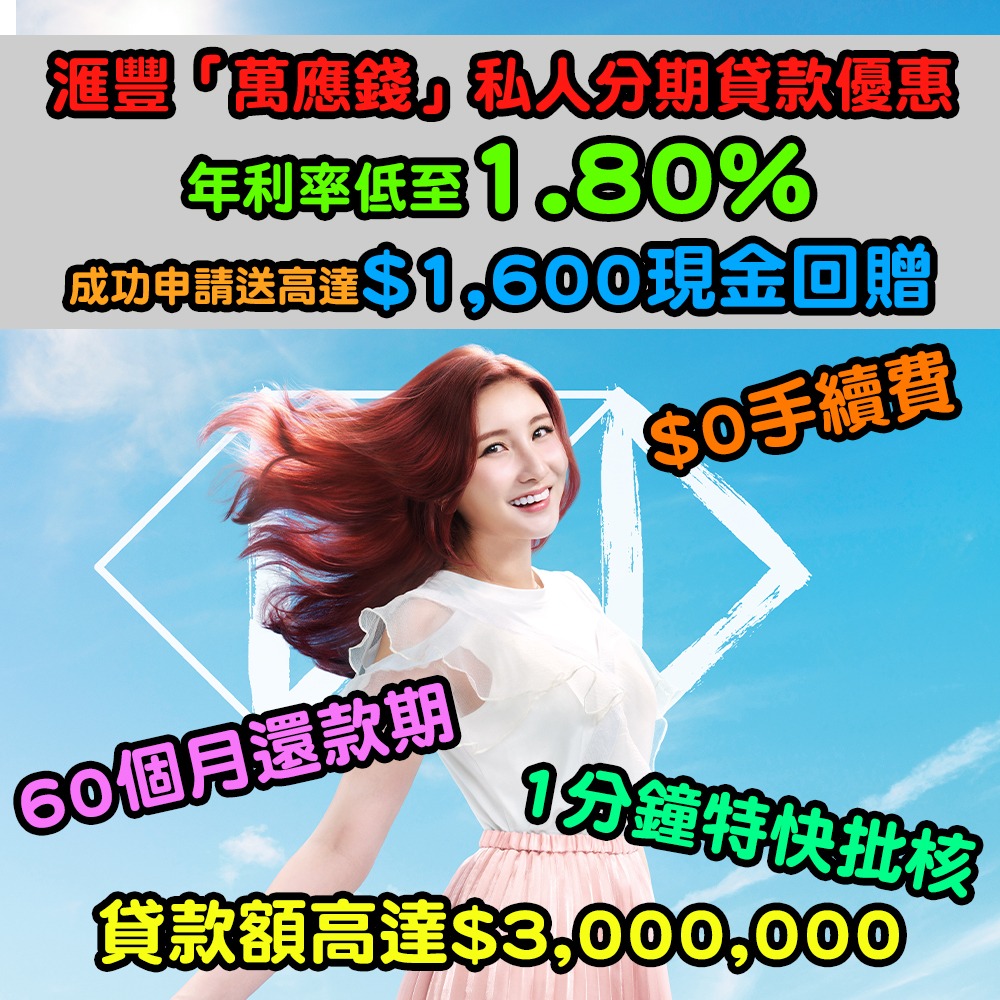 【滙豐分期「萬應錢」😍】 成功申請享高達HK$3,300現金回贈！實際年利率低至1.57% + 貸款額高達月薪23倍 + 還款期長達60個月！