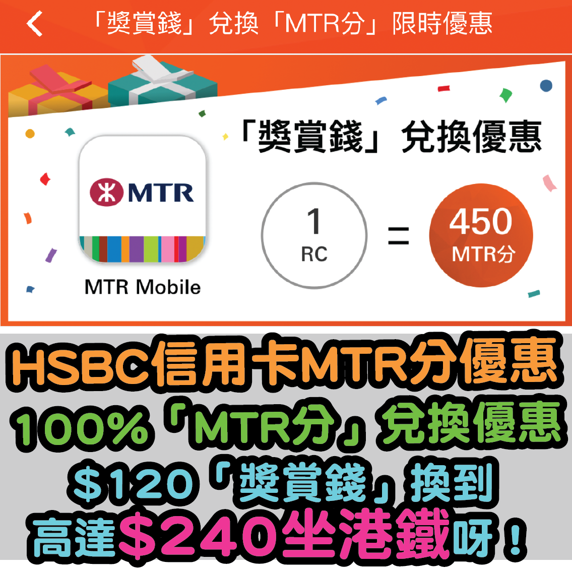 【HSBC信用卡MTR分優惠】100%「MTR分」兌換優惠！$120「獎賞錢」換到高達$240坐港鐵呀！