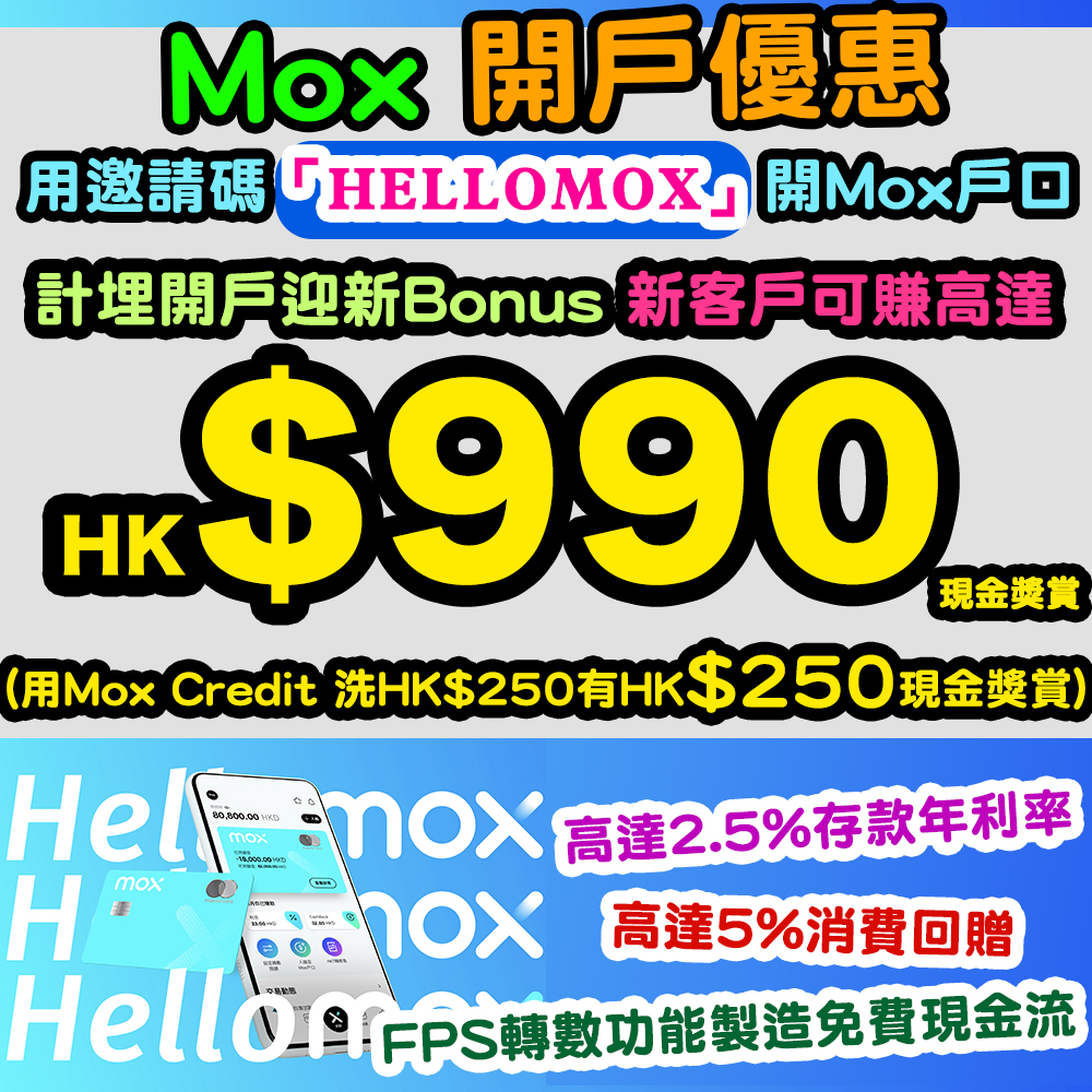 (新客戶開Mox Bank賺高達$990！) 【Mox Bank迎新優惠】用小斯邀請碼「HELLOMOX」開Mox戶口，再用Mox Credit消費$250就有$250回贈！計埋開戶迎新Bonus，新客戶賺高達$990！