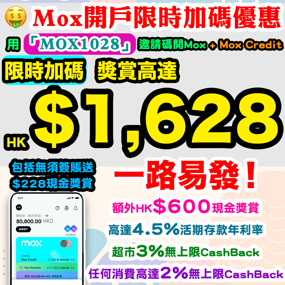【Mox Bank迎新優惠 】用邀請碼「MOX1028」申請Mox戶口 + Mox Credit 免簽賬贈送HK$228！累積消費滿HK$800有HK$800現金回贈！100%消費回贈啊！