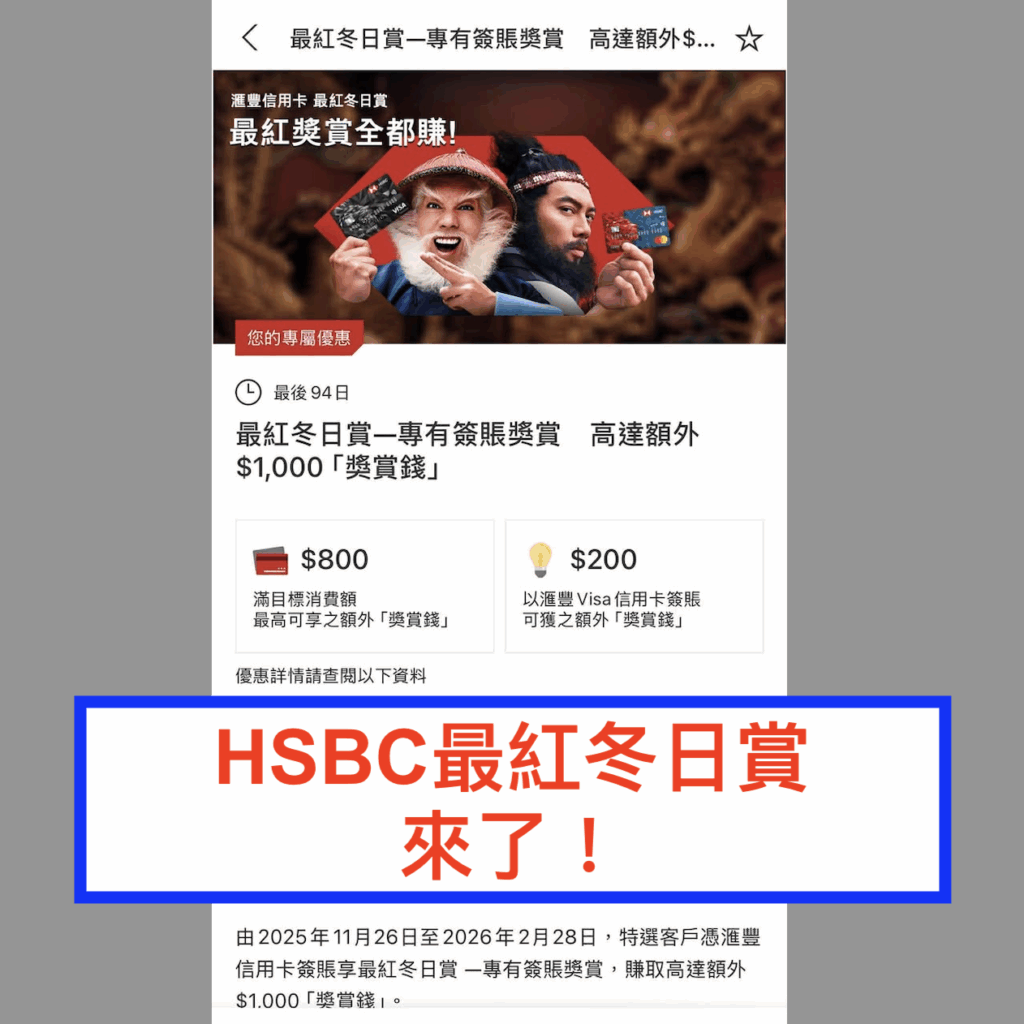HSBC信用卡最紅冬日賞加辣簽HK$39,000有額外3%回贈