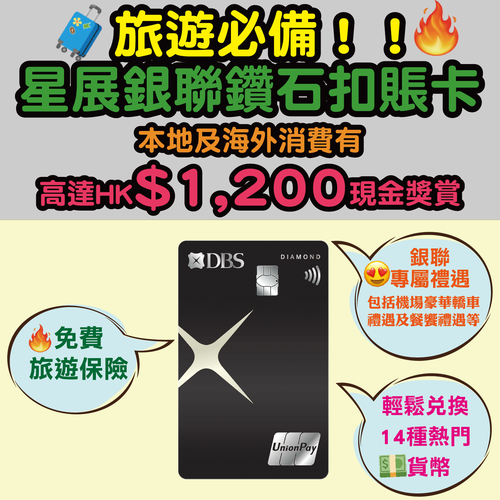 🔥旅遊必備❗🔥星展銀聯鑽石扣賬卡🔥🔥】本地及海外消費有高達HK$1,200現金獎賞❗輕鬆兌換14種熱門貨幣+ 免費旅遊保險同購物保障+  銀聯專屬禮遇
