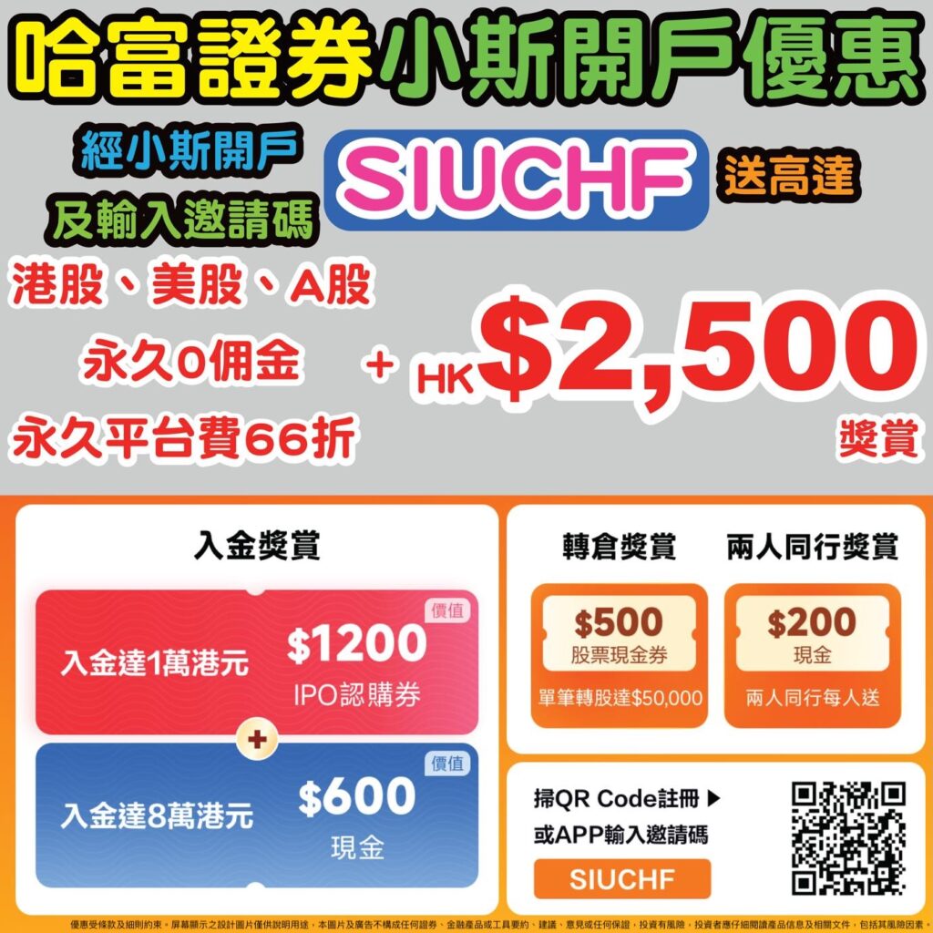 🔥哈富證券小斯開戶優惠🔥】經小斯開戶及輸入邀請碼「SIUCHF」送高達$7,500獎賞❗包括迎新獎賞$2,500 +  年度財富季活動$5,000❗額外月月送HK$1,000優惠❗永久港美A股0佣+ 永久平台費66折+ Crypto0佣0平台費❗